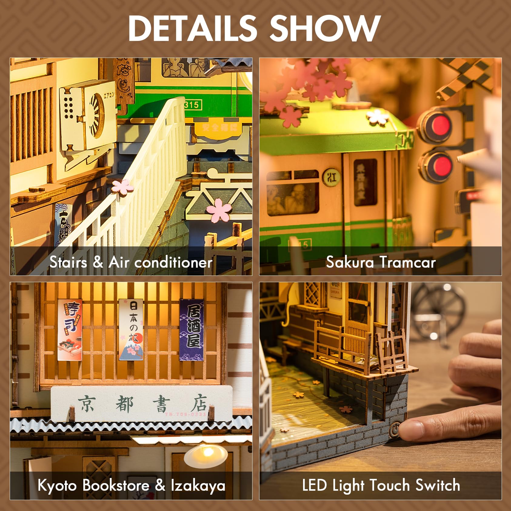 Rowood Book Nook Kit, Bookshelf Insert Decor Alley 3D Wooden Puzzle, DIY Bookend Building Set Model Kit with LED Light -Sakura Tram