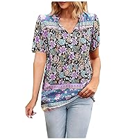 Women's Boho Floral Print Summer Tops Loose Lightweight Short Sleeve Tunic Shirt 2024 Fashion Button V Neck Holiday Blouses