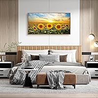 Cao Gen Decor Art WK0162 Wall Art Natural Wood Framed Canvas Painting Sunset Sunflowers Picture Poster Print Yellow flowers Extra Framed Ready to Hang for Living Room Bedroom Office Home Decor