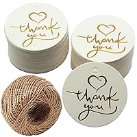 100 Count Gold Foil Thank You Gift Tags with 100 Feet Jute Twine, Gold Wedding Favor Tags Kraft Paper Gift Wrap Hang Tags for Baby Shower, Birthday Party (Cream-1)