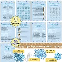 Sweet Baby Co. Baby Shower Games Boy with Tummy Tape, Dont Say Baby, Bingo Game Package and Baby Shower Decorations for Boy, 10 Fun Games, 25 Pens, 100 Mini Acrylic Pacifiers, Clothespins 12 Balloons