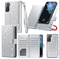 Varikke for Samsung Galaxy S21 FE 5G Case, for Samsung S21 FE Wallet Case with Card Holder & Magnetic Detachable & Kickstand Wristlet Glitter PU Leather Wallet Cases for Galaxy S21 FE 5G, Silver