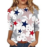 Happy 4Th of July Shirt Deals The Day 3/4 Sleeve T Shirts for Women Flowy Tops Womens Going Out Oversized Tee Casual Sleeveless Plus Size Teens Trendy Summer Floral High Low Tshirts(WH，XL)