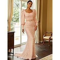 Dresses for Women 2023 Sweetheart Neck Bishop Sleeve Rhinestone Detail Mermaid Hem Sequin Formal Dress (Color : Baby Pink, Size : Small)