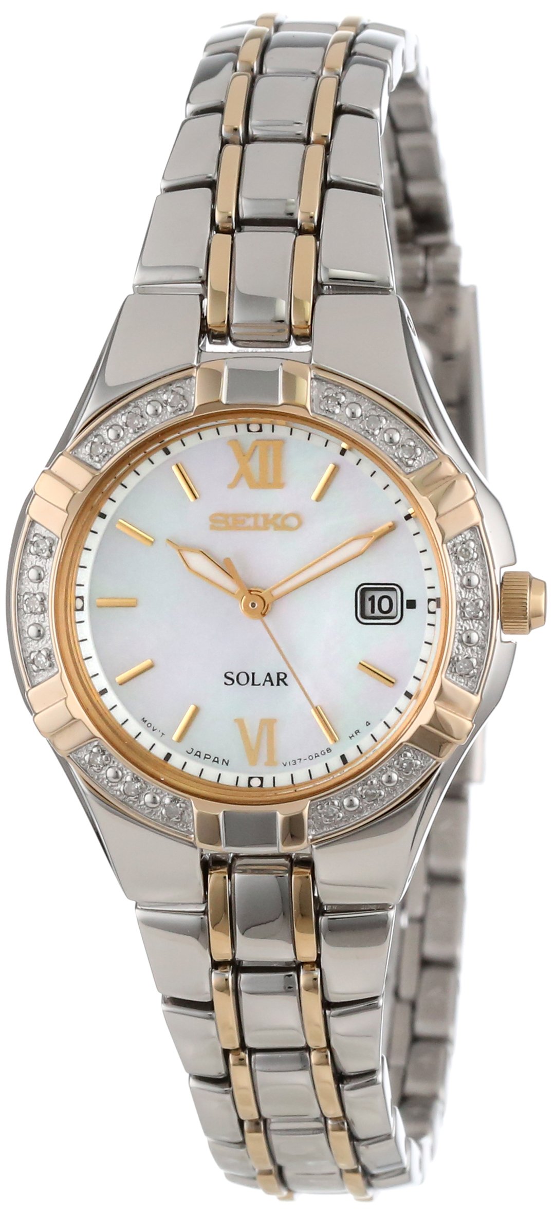 SEIKO Women's SUT068 Dress Solar Classic Diamond-Accented Two-Tone Stainless Steel Watch, Mother of Pearl Dial