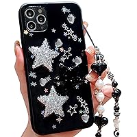 Compatible with iPhone 11 Pro Case Cute 3D Bling Glitter White Black Stars with Pearl Bracelet Chain Design for Girls Women Kawaii Sparkle Protective Phone case for iPhone 11 Pro-Black