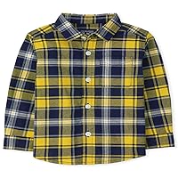 The Children's Place Baby Toddler Boy Long Roll Up Sleeves Plaid Oxford Button Down Shirt, Treasure, 9-12 Months