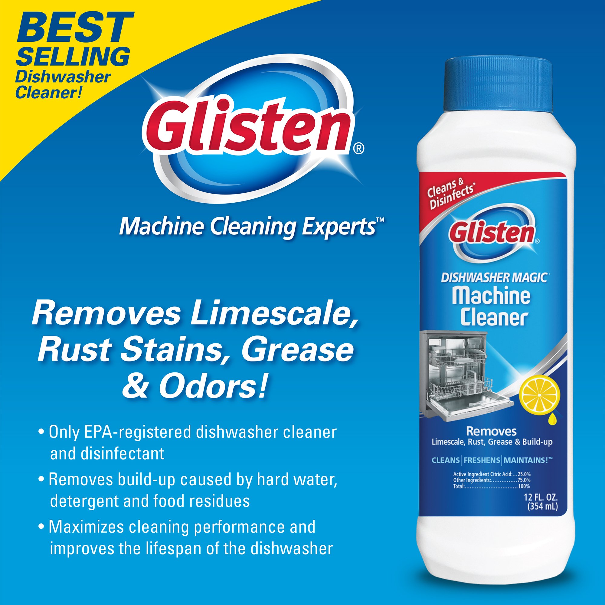 Glisten Dishwasher Magic Disinfectant & Cleaner Lemon 12 Oz (Pack of 2)