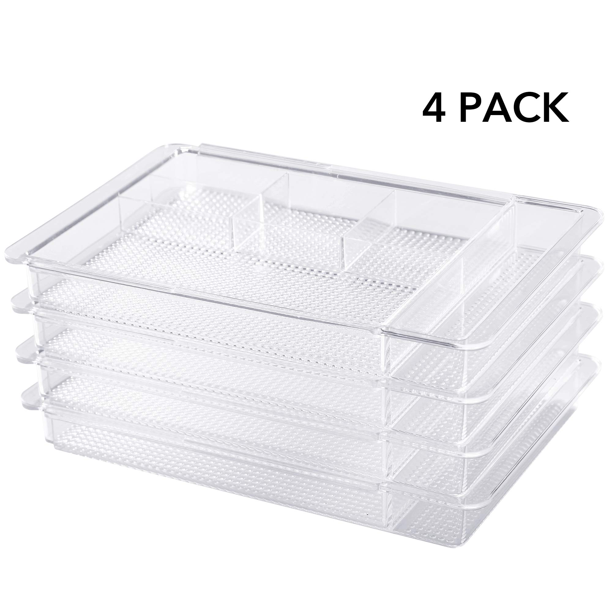 Oubonun Expandable Drawer Organizer 11.1” to 19.2” Width, Shallow Cosmetic Organizer 1.3” Height, 4 Packs, Clear Plastic Storage Trays for Dressing Table,Bathroom