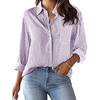 CUNLIN Wrinkle Free Women's Button Down Shirts Striped Long Sleeve Collared Blouses Tops with Pocket