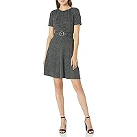 London Times Women's Pebble Skin Ponte S/S Seamed FIT & Flare, Charcoal Heather, 4