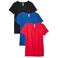 Clementine Apparel Women 3-Pack V Neck T-Shirt Short Sleeve Basic Tee, Royal, Scarlet, Black, X-Large