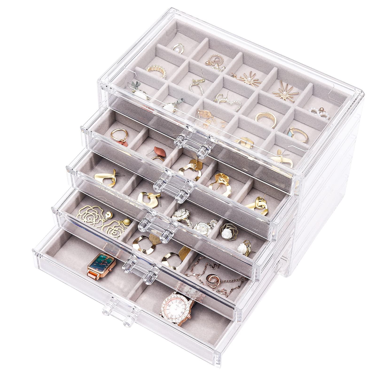 Cq acrylic Earring Jewelry Organizer with 5 Drawers,Clear Acrylic Jewelry Box for Women,Velvet Earring Display Holder for Earrings Ring Bracelet Necklace,Birthday and Christmas Gift,Grey
