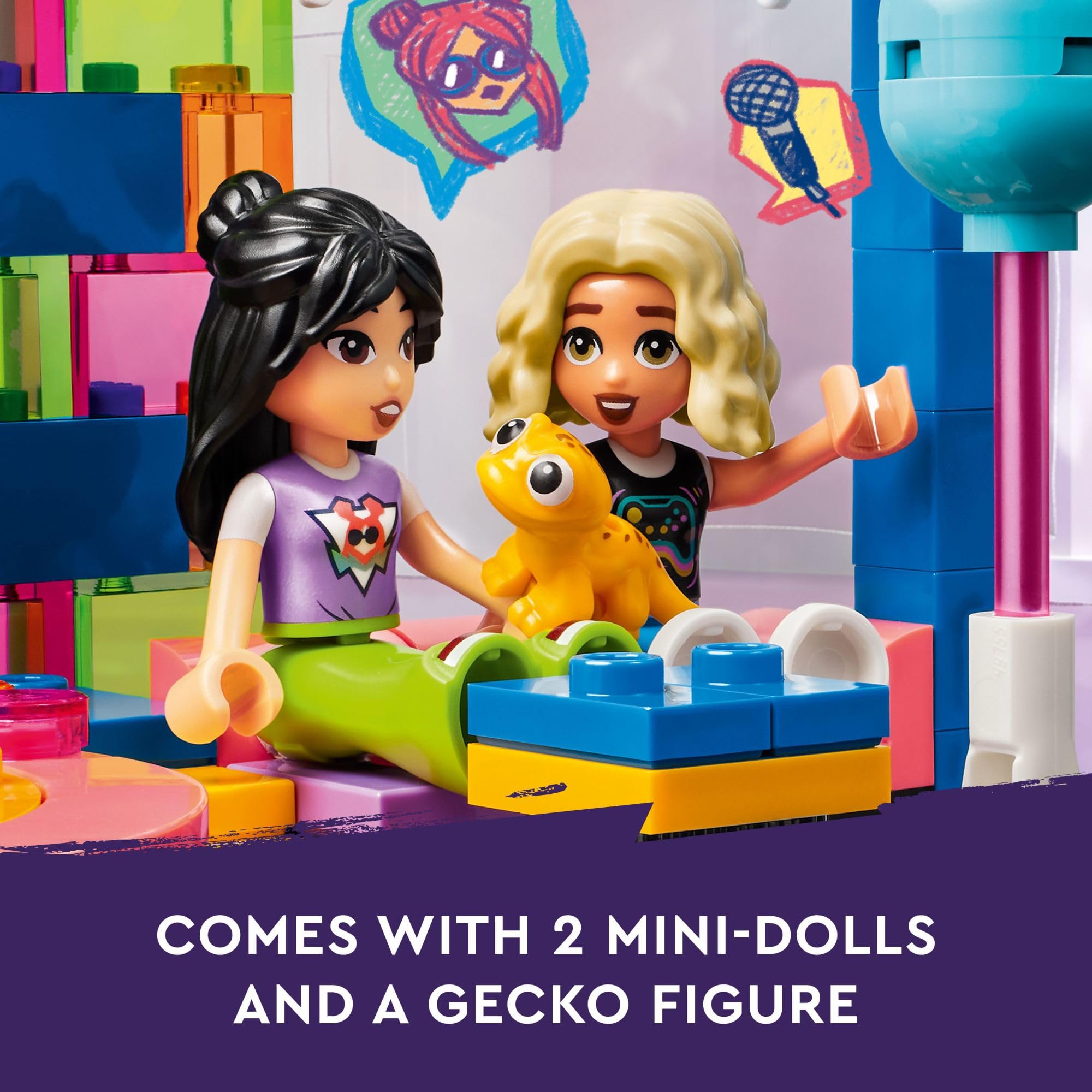LEGO Friends Karaoke Music Party Set, Pretend Play Toy for Kids, Girls and Boys Ages 6 Years and Up Who Love Singing, Includes Mini-Doll Characters Liann and Nova and a Gecko Figure, 42610