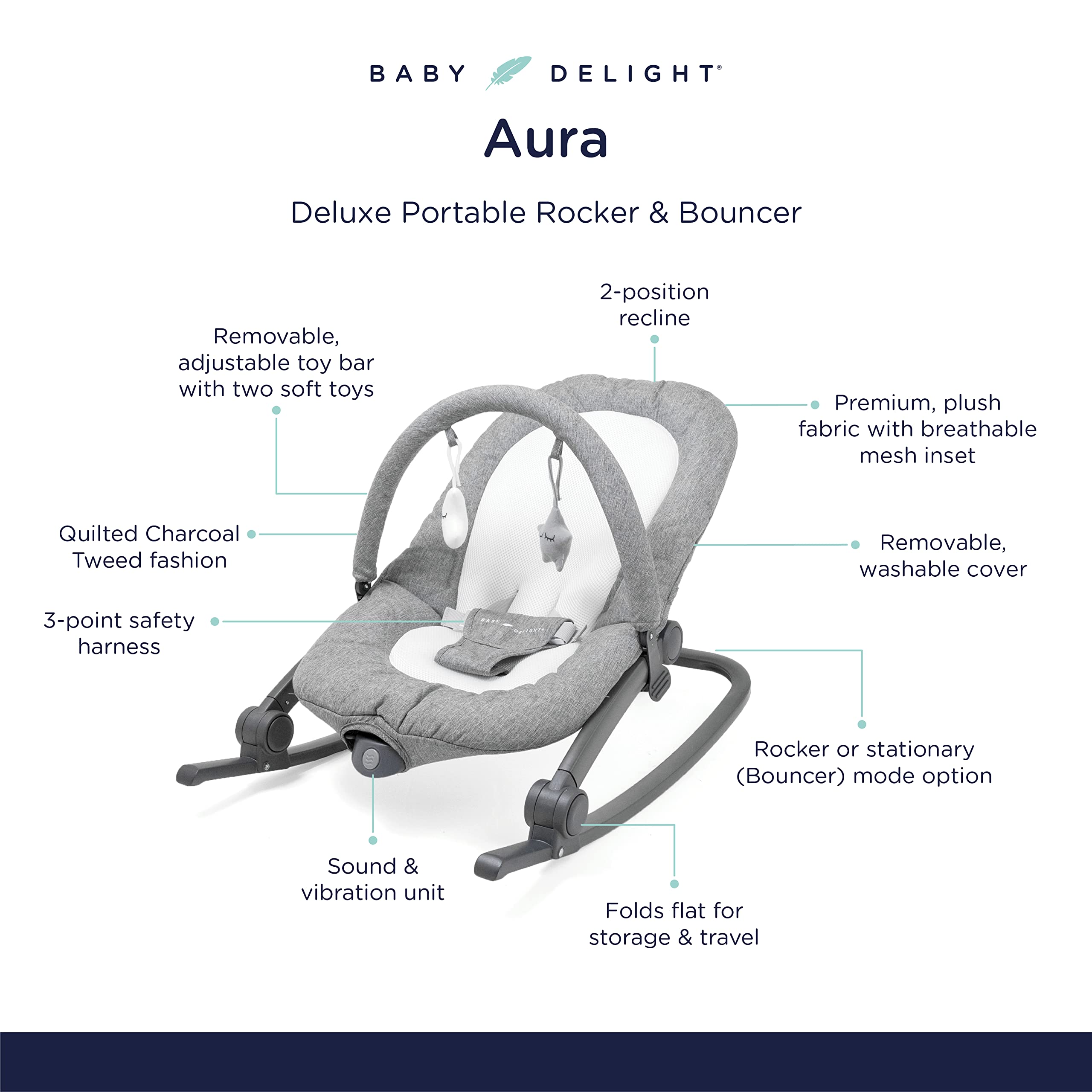 Baby Delight Aura Deluxe | Portable Baby Bouncer for Infants | Baby Rocker | Quilted Charcoal Tweed