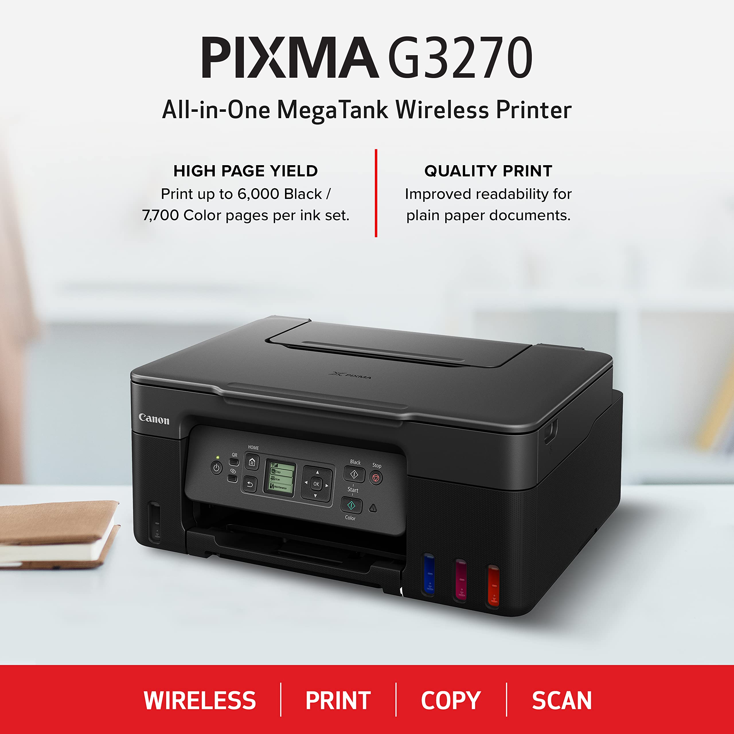 Canon PIXMA G3270 - Wireless MegaTank All-in-One Printer, Black