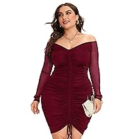 LAPA Women's Plus Size Sexy Dress, Off Shoulder Ruched Bodycon Mesh Long Sleeve Party Cocktail Dresses