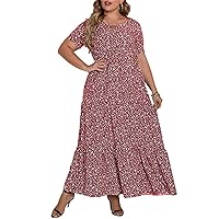 Women's Plus Size Round Neck Short Sleeve Floral Print Maxi Smocked Casual Dress Party Vacation Bohemian Dress