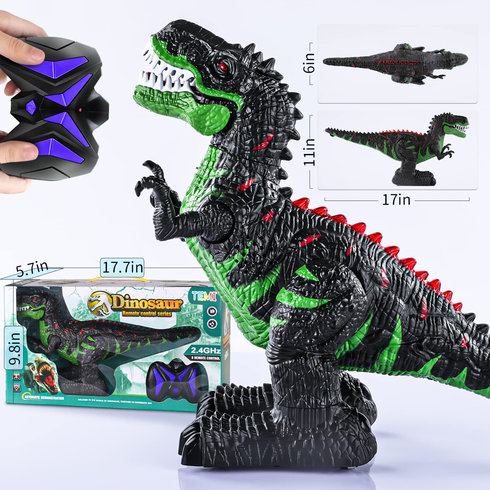 TEMI 2.4G Remote Control T-rex Jurassic Dinosaur Toy for Kids 3-5, Rechargeable Electric Walking Realistic Tyrannosaurus Dino Robot with Light & Sounds, Birthday Gift for 3 4 5 6 7 8 Years Boys Girls