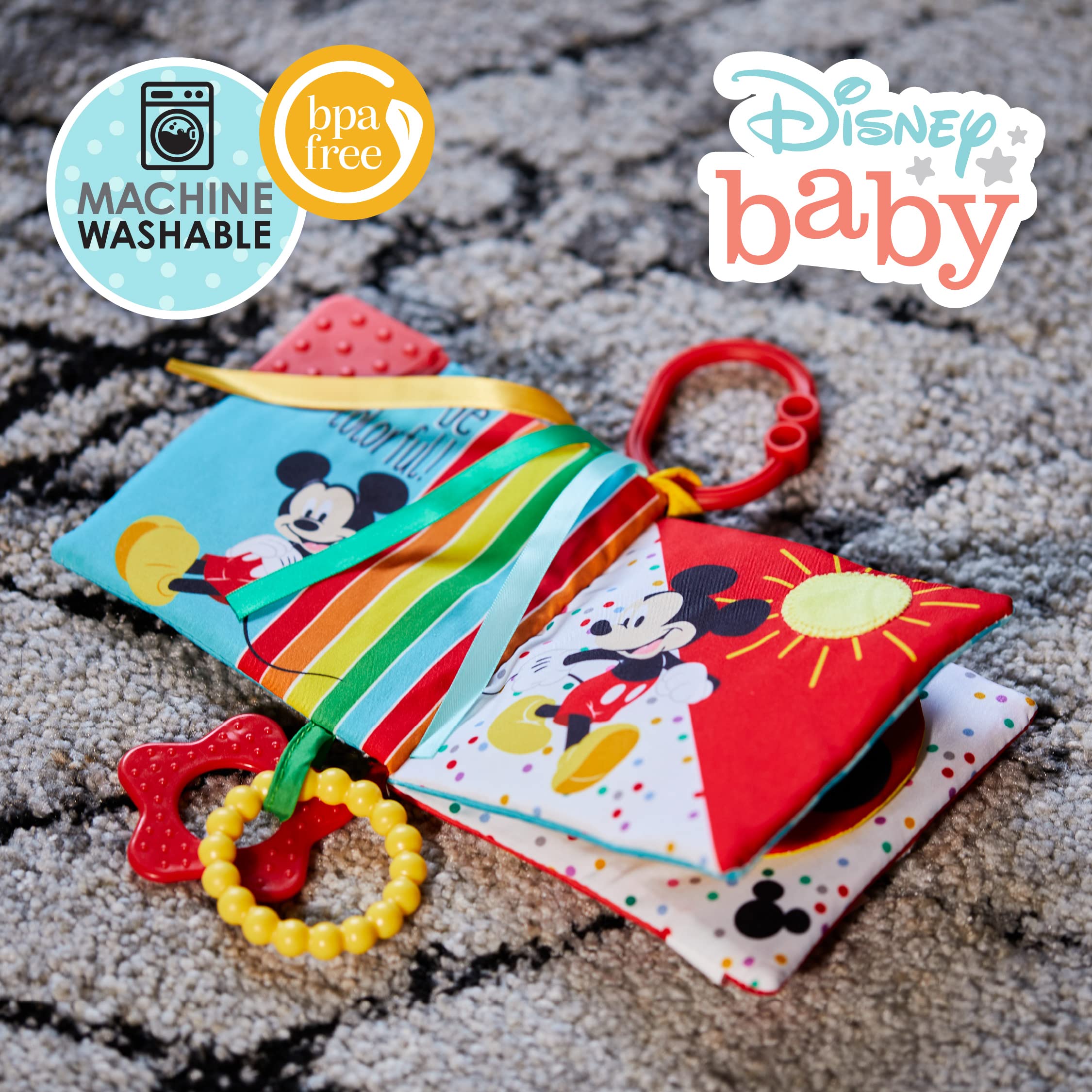Kids Preferred Disney Baby Mickey Mouse Colorful Crinkle Soft Book with Teething Corner and On-The-Go Clip for Babies