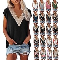 Blouses for Women Dressy Casual V Neck Cap Sleeve Summer Tops Lace Trendy Tunic Shirts Loose Fit Solid Basic T Shirt