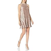 Angie Women's Crushed Velvet High Neck Swing Dress, Taupe, Large