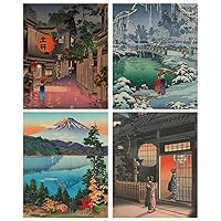 MINI ZOZI Japanese Wall Art Room Decor 8x10 4pcs Traditional Tsuchiya Koitsu Artwork Ukiyoe Paintings Aesthetic Asian Vintage Retro Posters Picture Prints Cool Cute Poster Colorful UNFRAMED Japan