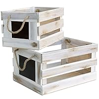 White Wooden Crates Decorative, Set of 2 Rustic Storage Crates with Chalkboard Writing Face and Rope Handles - Fits Vinyl Records, Toys, Blankets, Wine, and More
