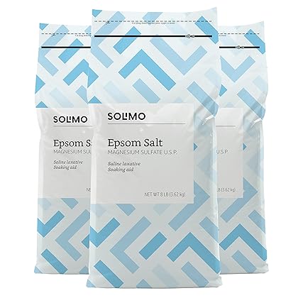 Amazon Brand - Solimo Epsom Salt Soak, Magnesium Sulfate USP, Unscented, 8 Pound, Pack of 3