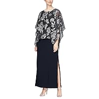 S.L. Fashions Women's Long Shimmer Foil Printed Chiffon Overlay Wedding Guest Capelet Gown, Formal Dress W/Attached Cape