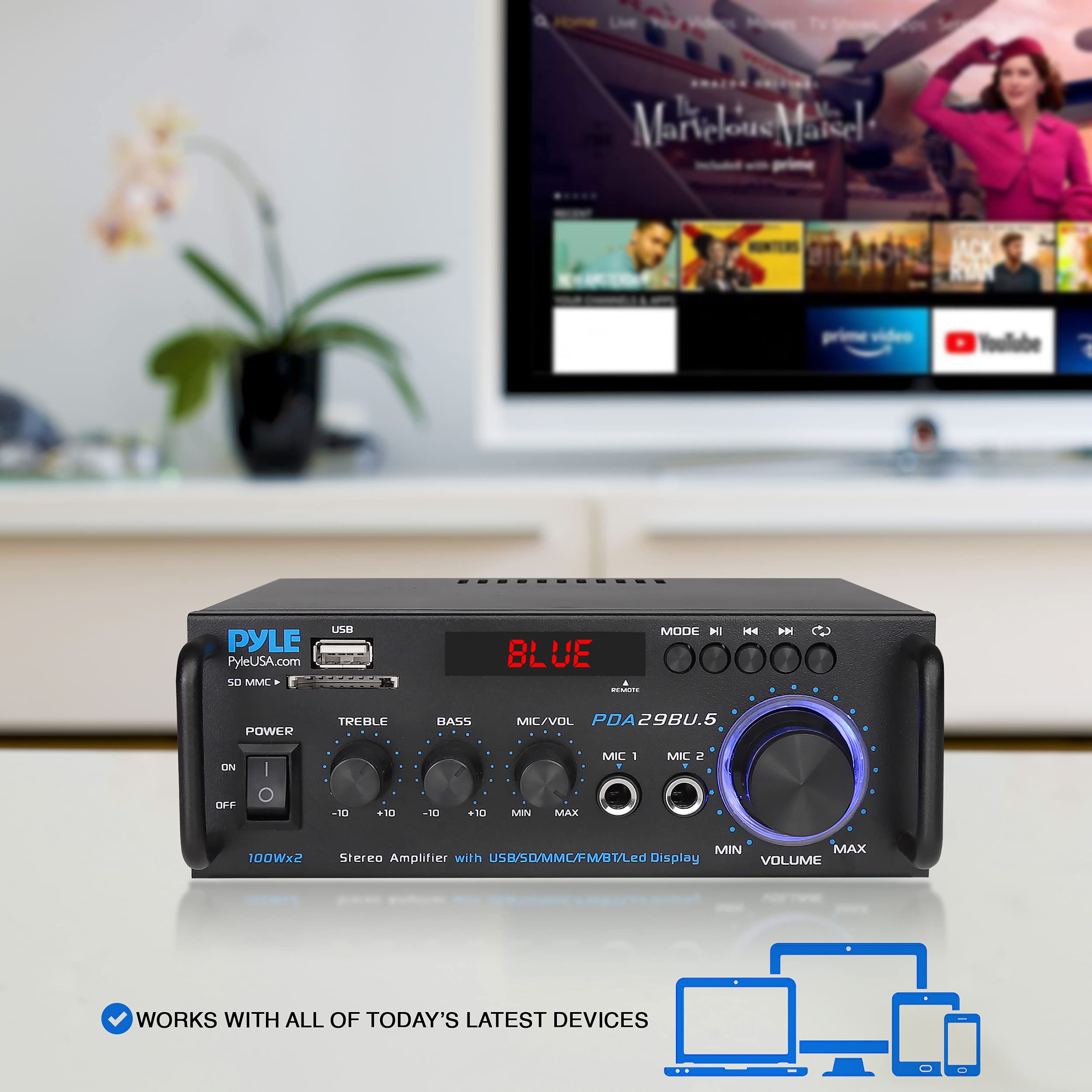 Pyle Wireless Bluetooth Stereo Power Amplifier - 200W 2 Channel Audio Stereo Receiver USA Warranty w/ RCA, USB, SD, MIC IN, FM Radio, For Home Theater Entertainment via RCA, Studio Use -Pyle PDA29BU.6