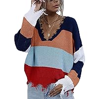 Women?s Fashion Long Sleeve Striped Casual Color Block Knitted Sweater Crew Neck Loose Hole Pullover Jumper Tops