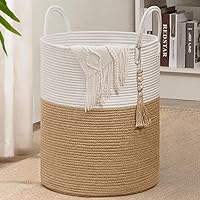 Goodpick Woven Laundry Basket Decorative Blanket Basket for Living Room, Tall Storage Basket for Clothes, Toys, Towels, Wicker Laundry Hamper 16 x 20 Inches, White and Jute