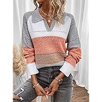 Women's Sweater Color Block Pointelle Knit Raglan Sleeve Sweater Sweater for Women (Color : Multicolor, Size : Medium)