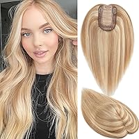 Hair Toppers for Women Human Hair 150% Density Silk Base Brown ombre Blonde Hair Topper Top Hair Piece for Women with Thinning No Bangs Hair Topper Wig Clip in Extensions(06 Inch,12P613#)