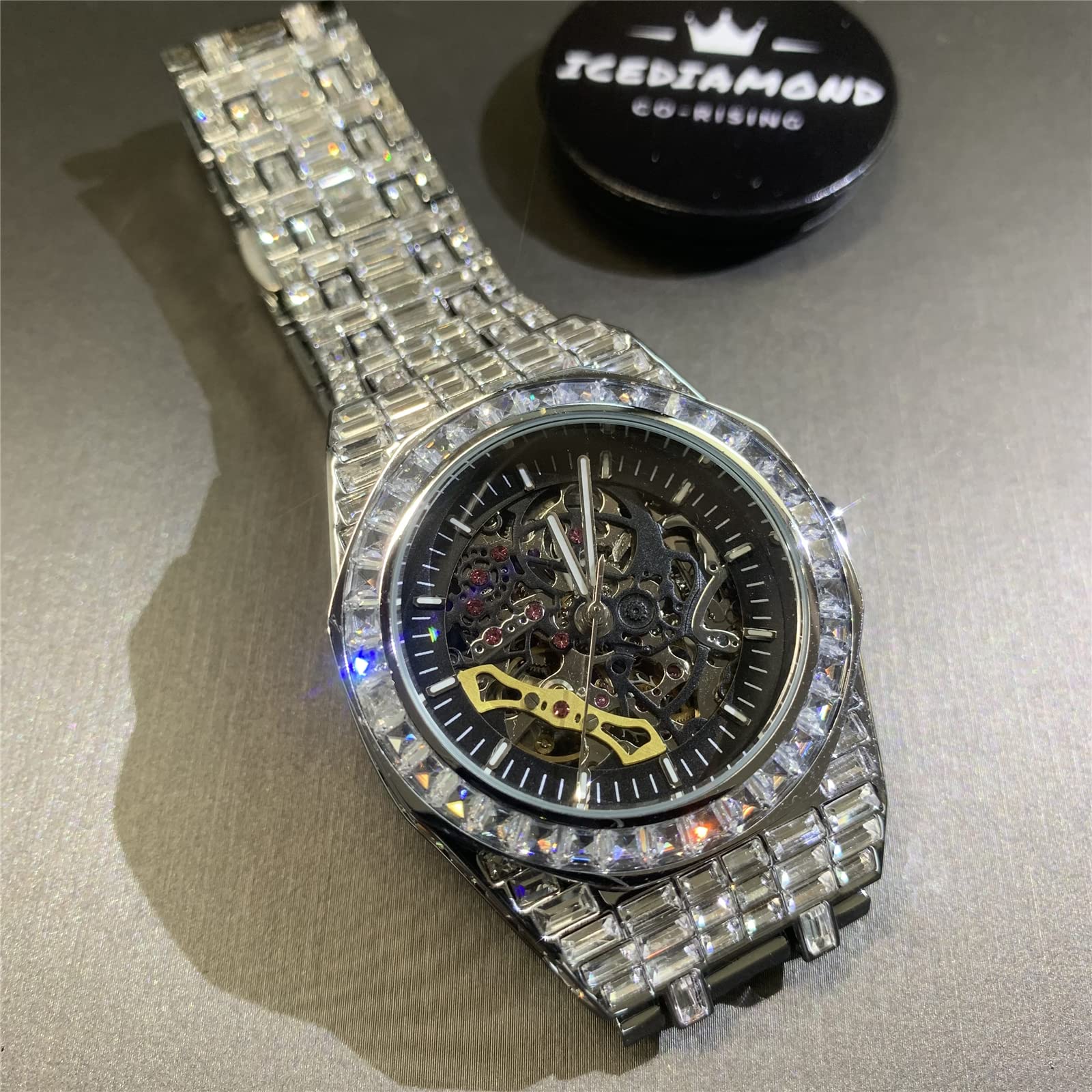 ICEDIAMOND Herren 39MM Mode Durchbrochene Handaufzug Mechanische Armbanduhr, Full Pave Funkelnde Baguette Zirkonia simulierte Diamanten, Luxus Skelett Runde Zifferblatt Uhr