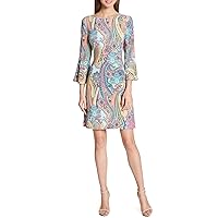 Tommy Hilfiger Women's Round Neck Printed Bell Sleeve Dress, Bright Pink Multi, 14