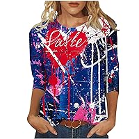 4th of July Shirts for Women Funny Love Heart Print 3/4 Sleeve Tops Independence Day Summer Pullover Patriotic Tees