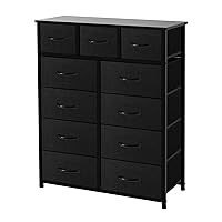 11-Drawer Dresser, Fabric Storage Tower for Bedroom, Hallway, Nursery, Closets, Tall Chest Organizer Unit with Textured Print Fabric Bins, Steel Frame, Wood Top, Black