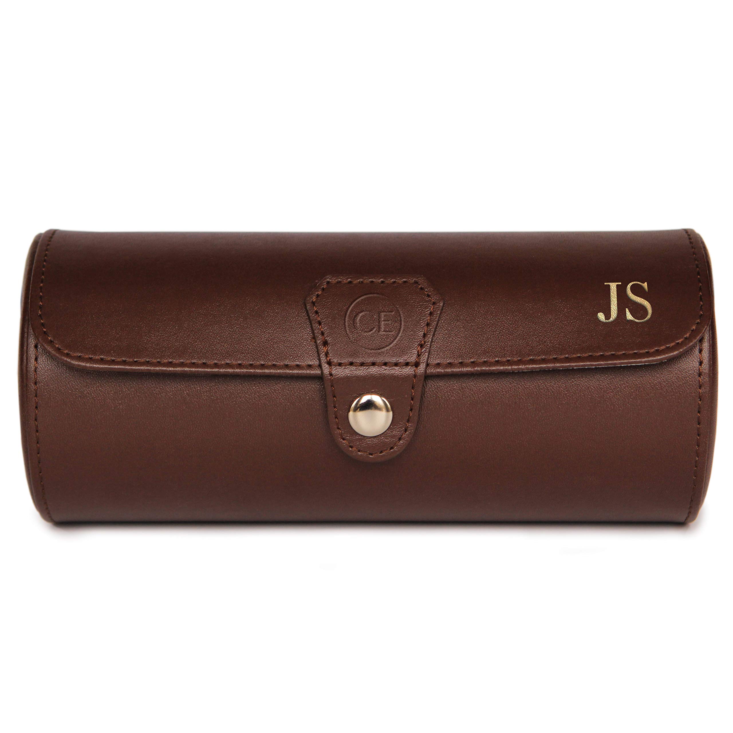 CASE ELEGANCE Monogrammed Limited Edition Chocolate Color - Vegan Leather Watch Roll Organizer