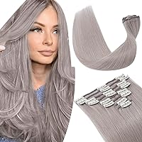 10 Inch Clip In Hair Extensions Real Human Hair, Double Weft 100% Remy Human Hair Clip on Extensions for Women, 8 Pcs 18 Clips Per Set (#GREY)