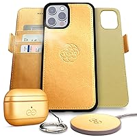 Dreem Bundle: Fibonacci Wallet-Case for iPhone 13 Pro Max with Om Case for AirPods Pro 2 and Empower Wireless Charger Pad [Gold]