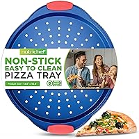 NutriChef 14-Inch Nonstick Pizza Tray - Round Carbon Steel Non-Stick Pizza Baking Pan with Perforated Holes, Premium Bakeware Pizza Screen with Silicone Grip Handles, Dishwasher Safe - Blue