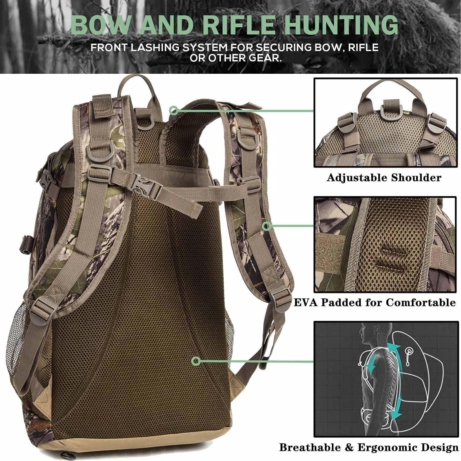 MARITTON Hunting Backpack,Durable Hunting Pack with Bow and Rifle Carry System for Camping,Hunting,Hiking. (Camo-Green)