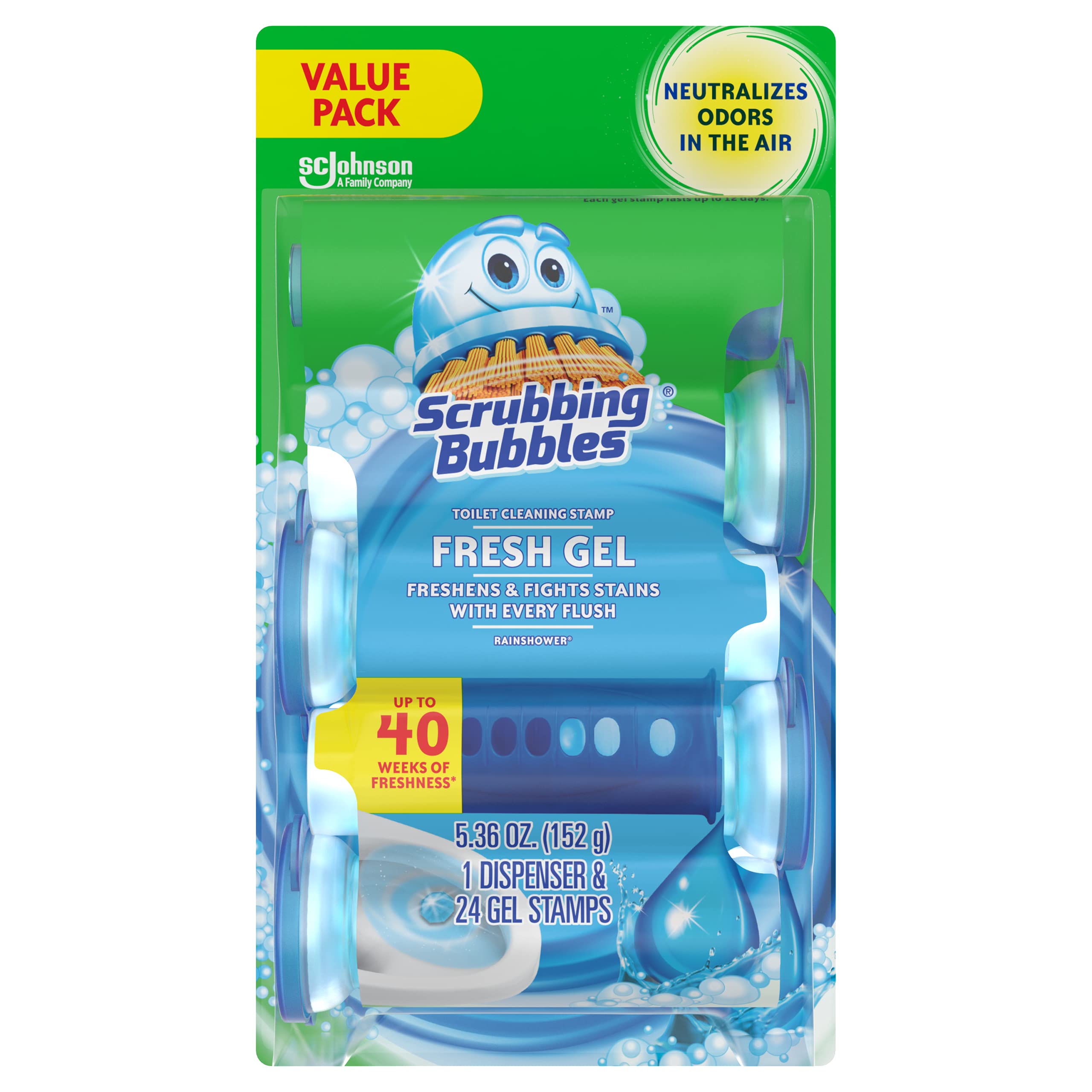 Scrubbing Bubbles Fresh Gel Toilet Cleaning Stamp, Rainshower, Dispenser with 24 Gel Stamps, 5.36 oz