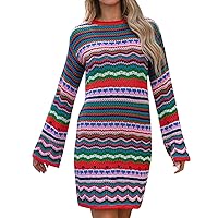Women Sweater Dress Rainbow Striped Long Sleeve Loose Crochet Striped Hollow Out Mini Casual Summer Dresses with Sleeves