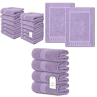 White Classic Luxury 12 Pack Face Washcloth 12x12 in | 2 Pack Bath Mats 22x34 in | 4 Pack Large Bath Towels 27x54 in for Bathroom Hotel Spa Kitchen Set, Circlet Egyptian Cotton Bundle (Lavender)