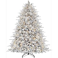 [ Very Thick & Realistic Feel ] 6 Ft Pre-lit Snow Flocked Artificial Full Christmas Tree,965 PE & PVC Branch Tips,340 Warm White Lights,Heavily Flocked,Metal Stand UL Plug Hinged Xmas Tree Decor