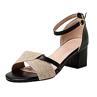 BIGTREE Womens Heeled Sandals Chunky Heels Linen Summer Open Toe with Ankle Strap