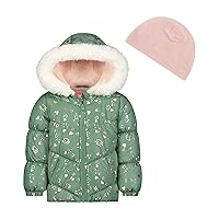 LONDON FOG Baby Girl's Toddler Quilted Puffer Winter Jacket with Fleece Hat